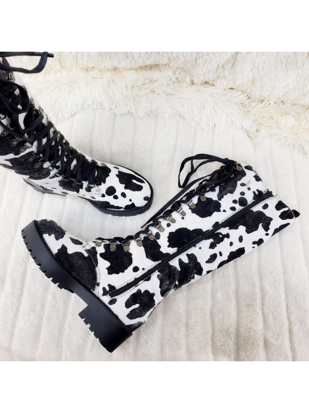 Savage Cow Combat Lace Up Knee Boots Faux Cow Print Brand New - Picture 3 of 16